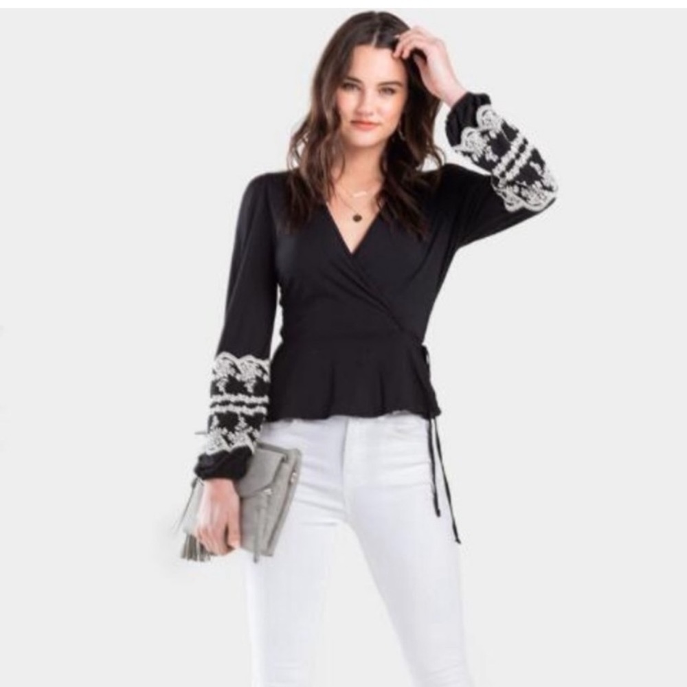 Francescas Embroidered Wrap Top Long Sleeve Blouse